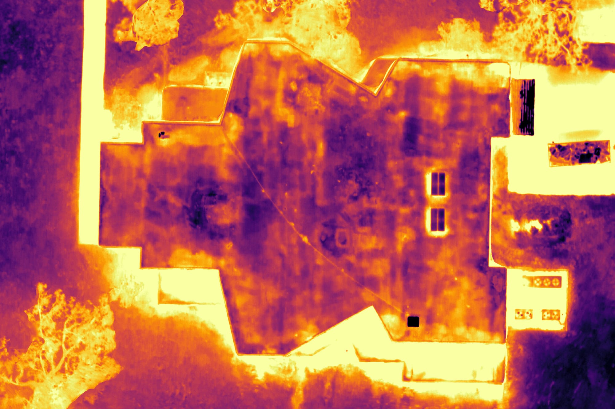 A thermal image of a building from a drone.