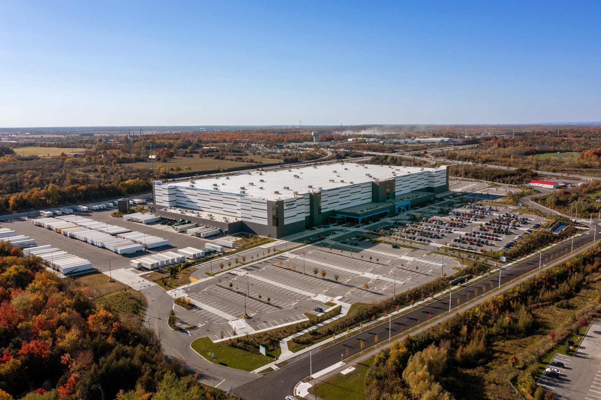 The parking lot and roof of a major distribution facility.