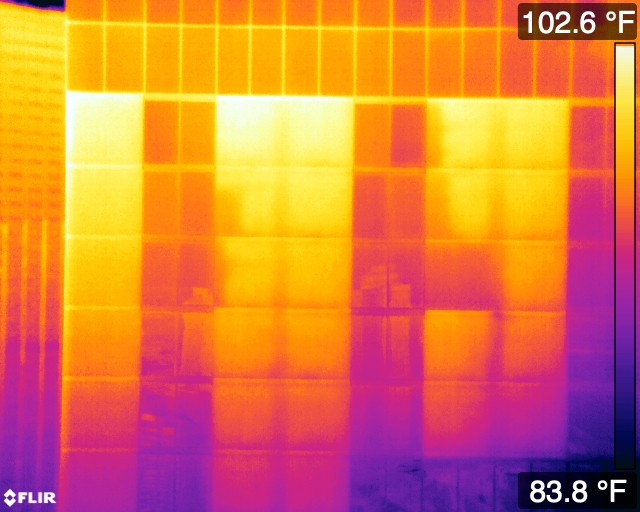 Thermal images documenting the presence of suspected moisture in the roof and wall structures
