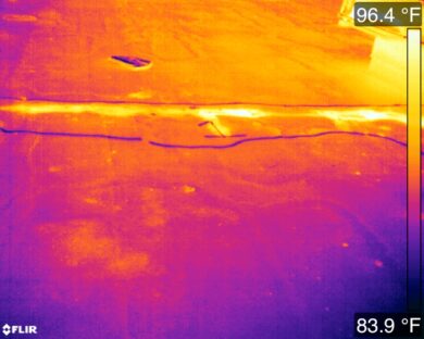 Thermal imaging uses temperature data to outline where moisture is present in the roof.