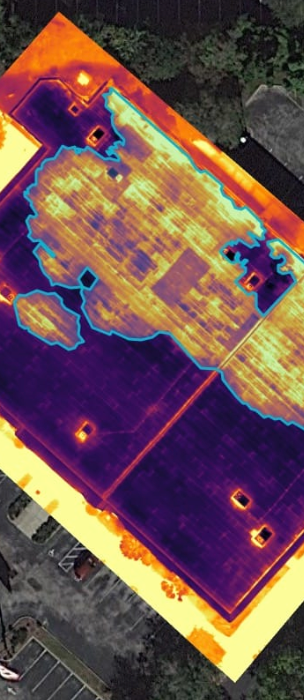 A thermal and visual aerial showcasing roof moisture.