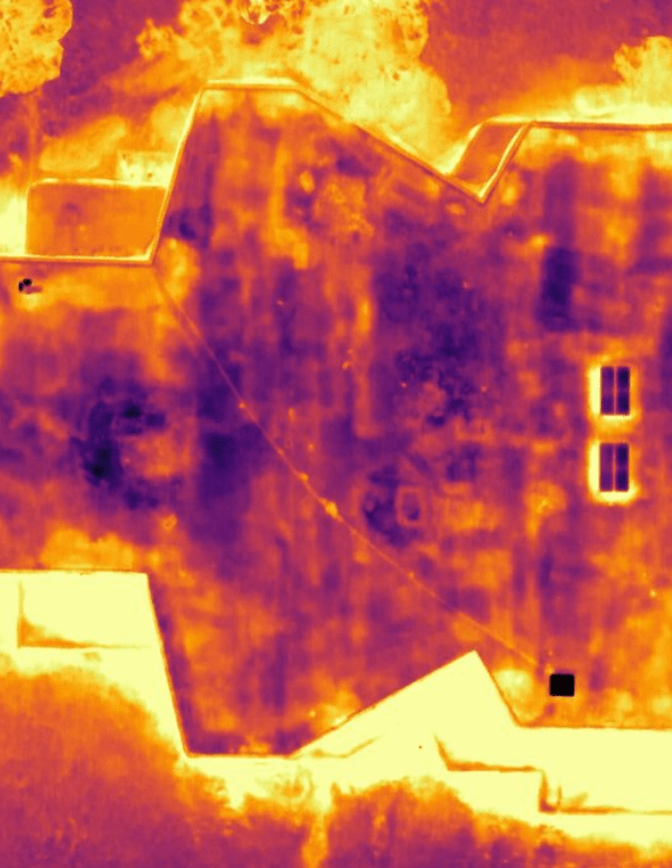 A thermal image of a building from a drone.