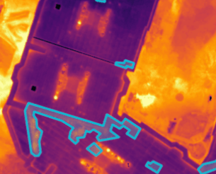 A visual and thermal stitched map of a large commercial building.