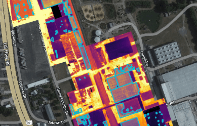 Thermal drone scan that highlights extensive moisture on a roof.